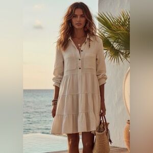 Zara Cream Long-Sleeve Tiered Shirt Dress